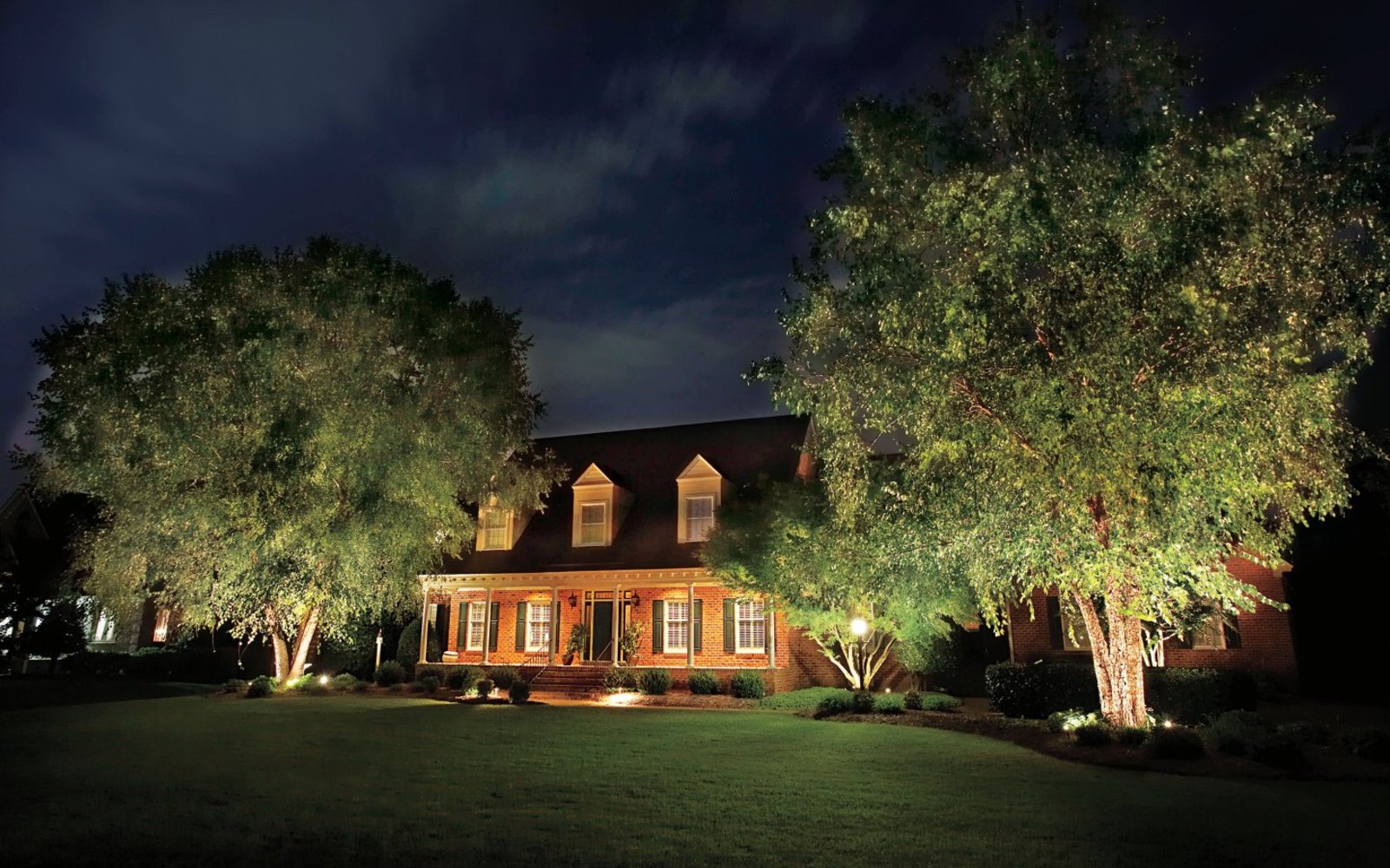 Two mature trees uplit in warm white on either side of a brick colonial home at night, with low path and garden lighting along the front beds