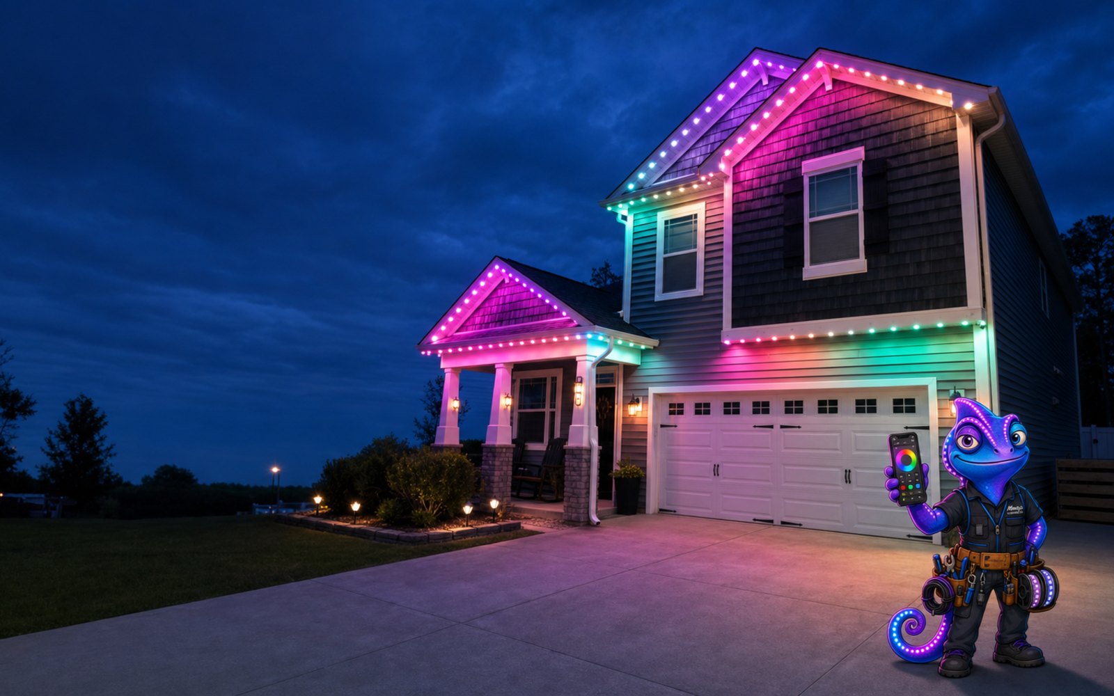 The same home's permanent lighting running a multicolor gradient, set from the phone app