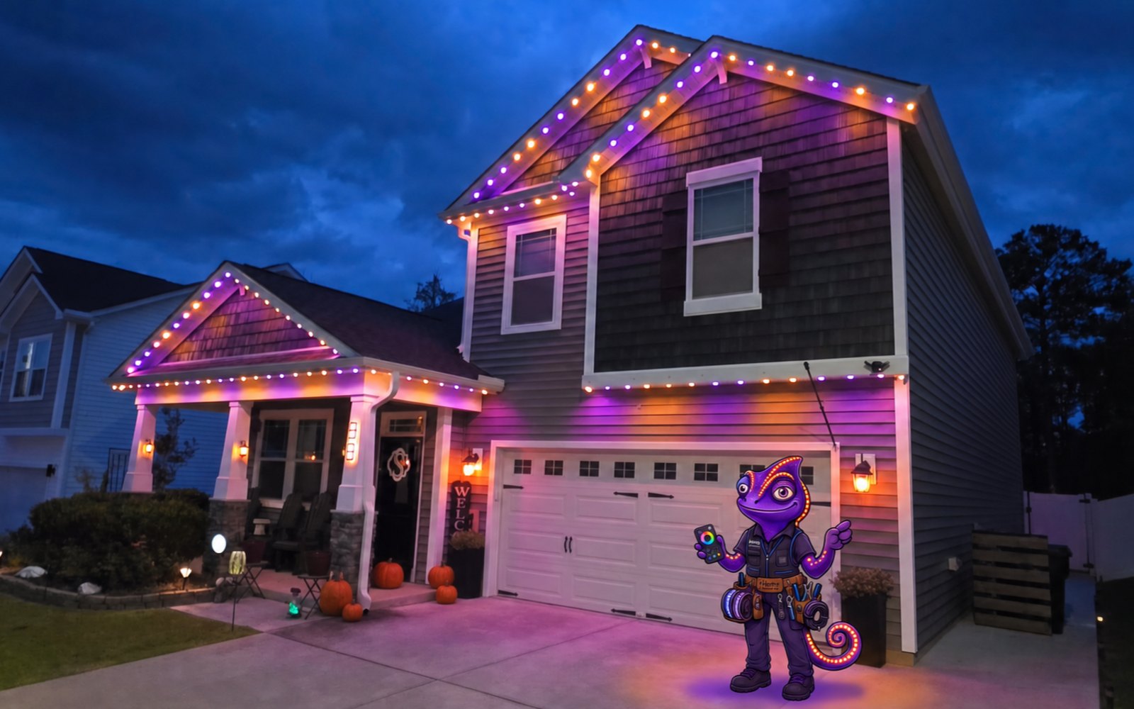 The same home's permanent lighting switched to orange and purple for Halloween