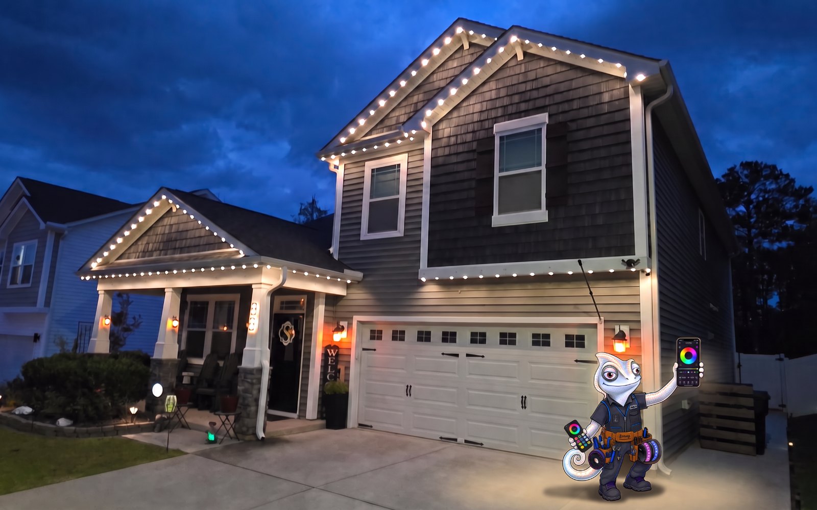 Permanent LED track lighting under the eaves of a home, warm white at night